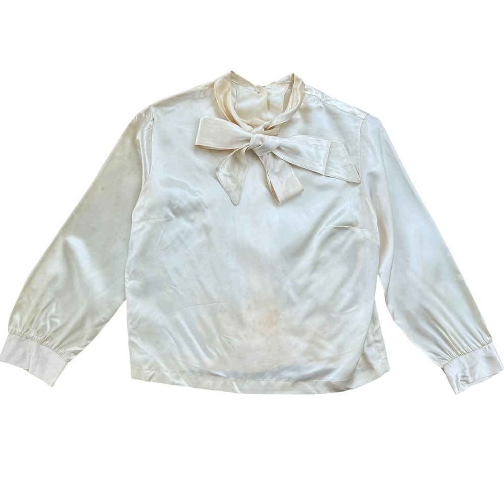 60s Mr Winn California Vintage Bow Neck Blouse Satin Mod Secretary Medium Ivory